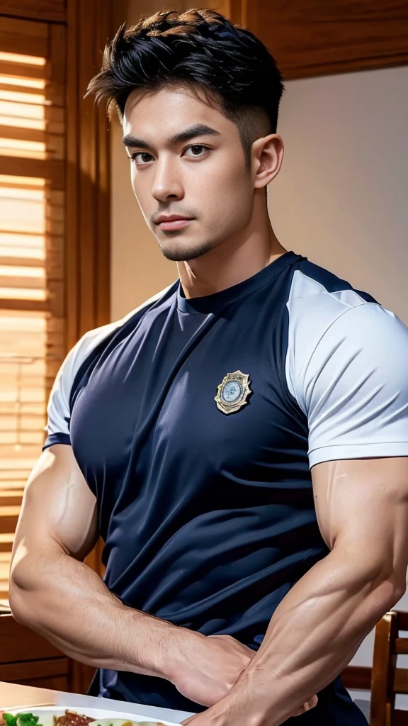 (Create a masterpiece:1.2),(CGI art:1.3),(realistic:1.5),(After processing:1.3),(Sharp focus:1.3),1 man ,(black hair) ,(Wear color navy round neck T-shirt), (with a Police badge:1.1),Navy blue jeans,Korean guy,korean men,(High gloss details),chest muscles,large arm muscles,blood vessel,Big muscles,Broad shoulders,looking at the audience,Balancing the eyes,(Lind has a dining table:1.3),