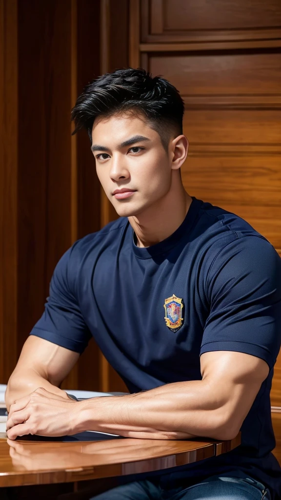 (Create a masterpiece:1.2),(CGI art:1.3),(realistic:1.5),(After processing:1.3),(Sharp focus:1.3),1 man ,(black hair) ,(Wear color navy round neck T-shirt), (with a Police badge:1.1),Navy blue jeans,Korean guy,korean men,(High gloss details),chest muscles,large arm muscles,blood vessel,Big muscles,Broad shoulders,looking at the audience,Balancing the eyes,(Lind has a dining table:1.3),