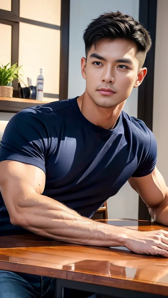 (Create a masterpiece:1.2),(CGI art:1.3),(realistic:1.5),(After processing:1.3),(Sharp focus:1.3),1 man ,(black hair) ,(Wear color navy round neck T-shirt), (with a Police badge:1.1),Navy blue jeans,Korean guy,korean men,(High gloss details),chest muscles,large arm muscles,blood vessel,Big muscles,Broad shoulders,looking at the audience,Balancing the eyes,(Lind has a dining table:1.3),