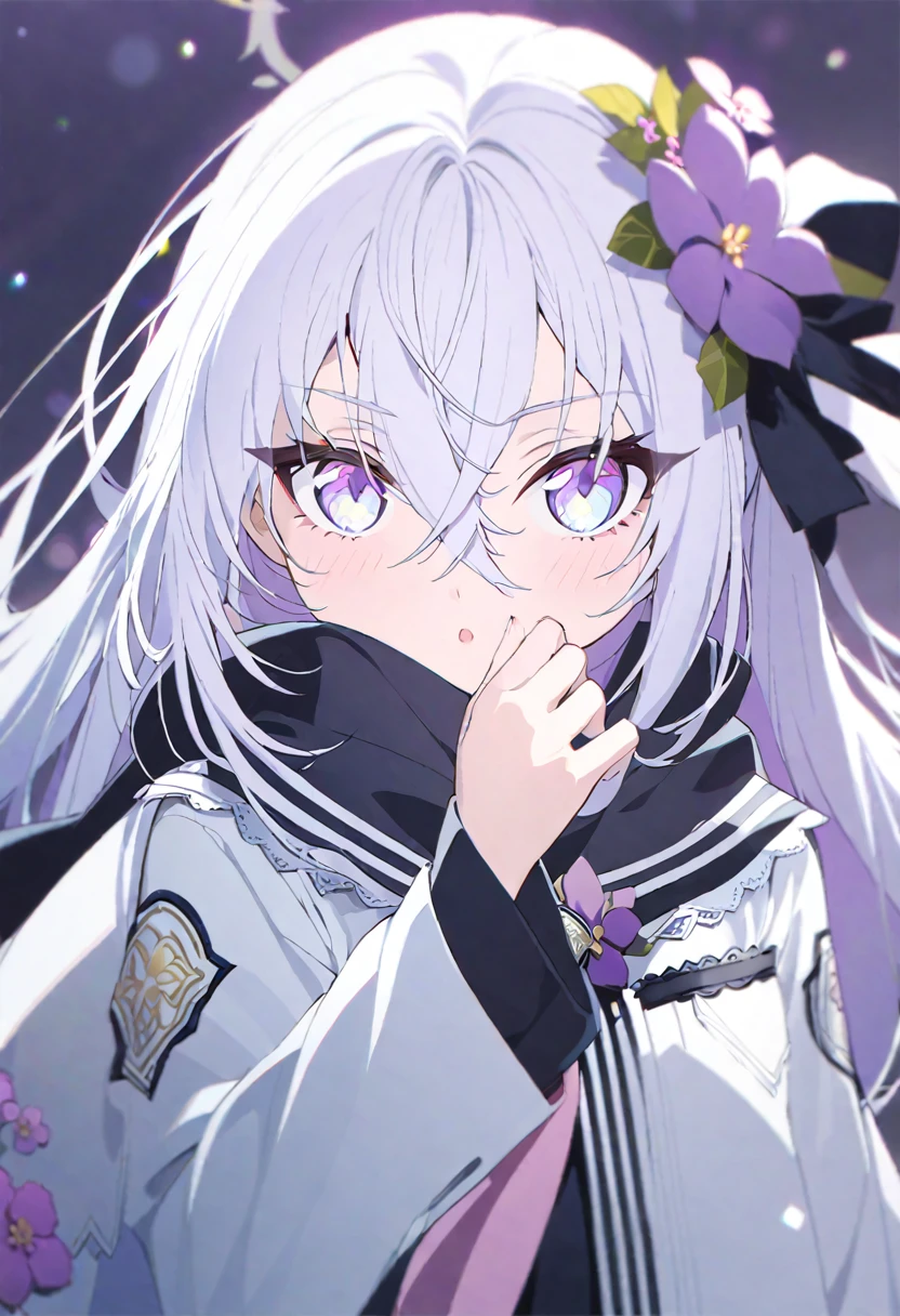 azusa \(blue archive\),1girl adjusting_scarf blurry blush bokeh chromatic_aberration covered_mouth crossed_bangs depth_of_field flower hair_between_eyes hair_flower hair_ornament hand_up jacket long_hair long_sleeves looking_at_viewer portrait purple_background purple_eyes purple_flower purple_scarf scarf scarf_over_mouth solo white_hair white_jacket