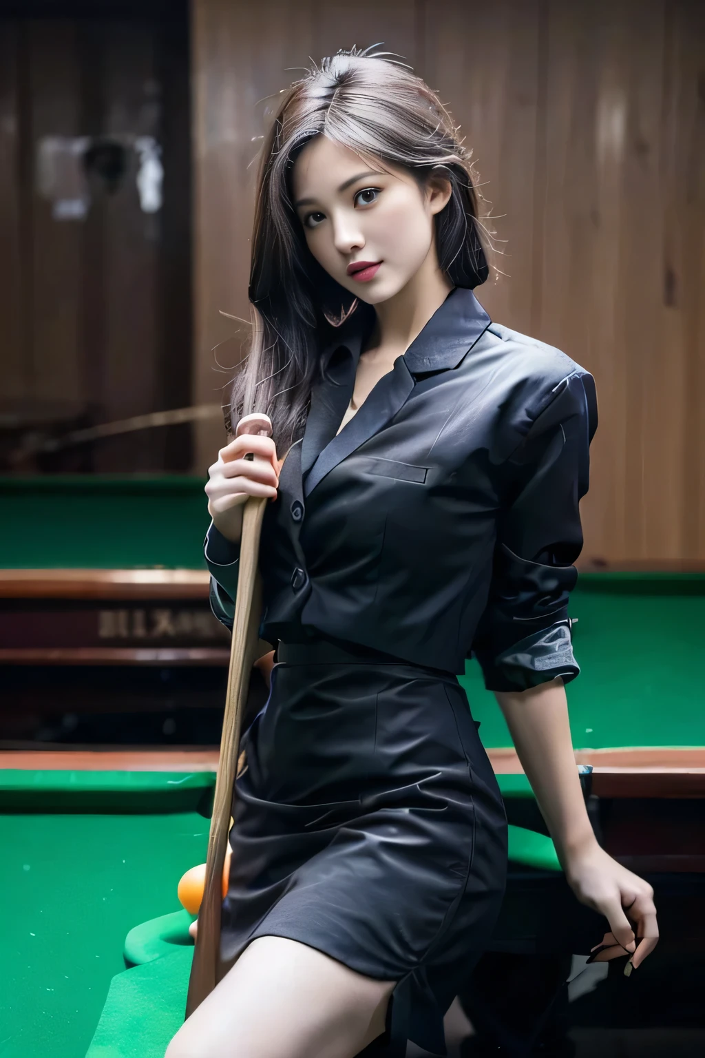 realistic, masterpiece,Best Quality, a girl is playing billiard,1girl,billiard_girl,fit body,huge 