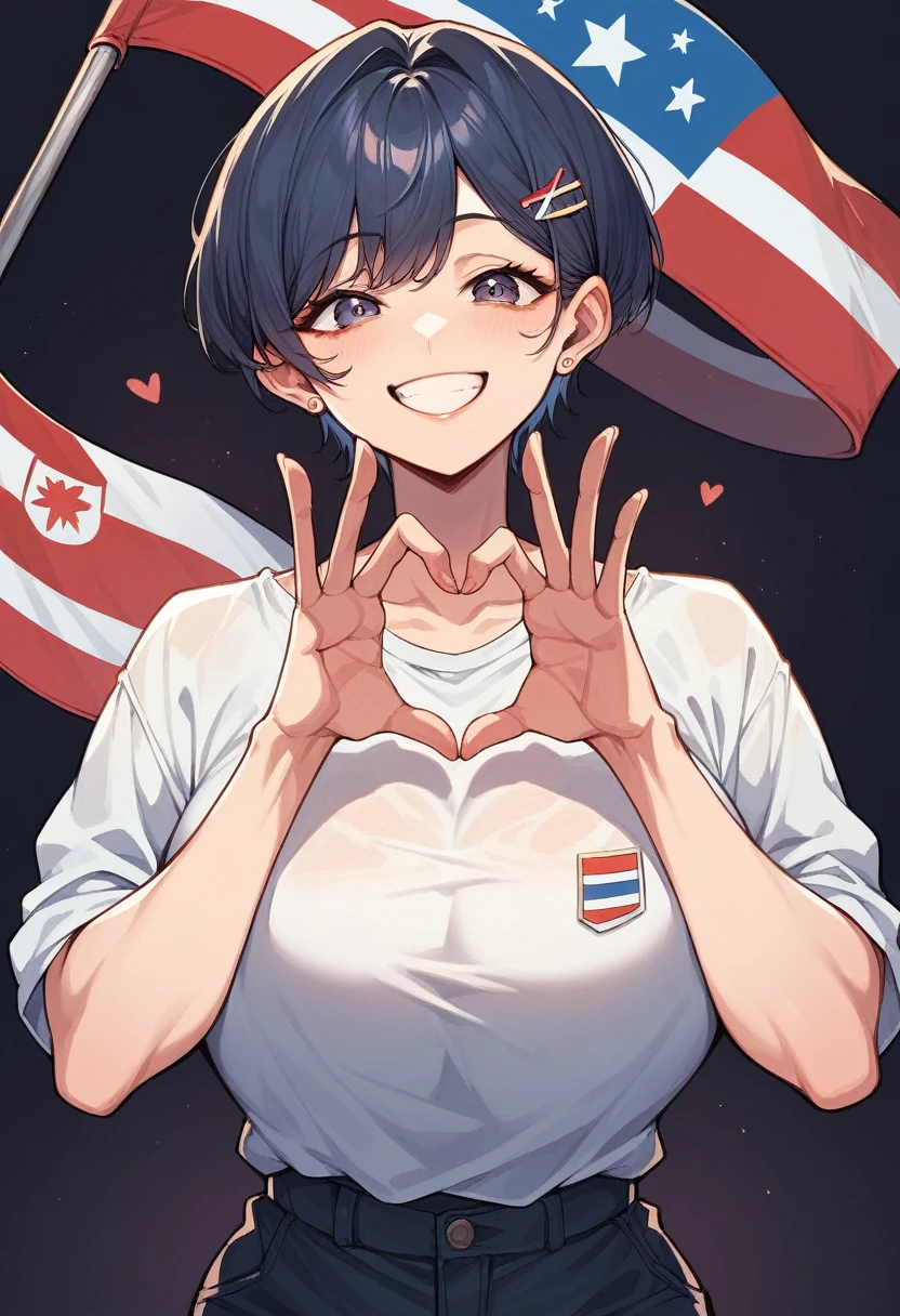 1 girl, designer clothing, big breasts, happy look, flirtatious smile, the flag, super short hair, Whole body, dark background, making korean heart gesture with hands