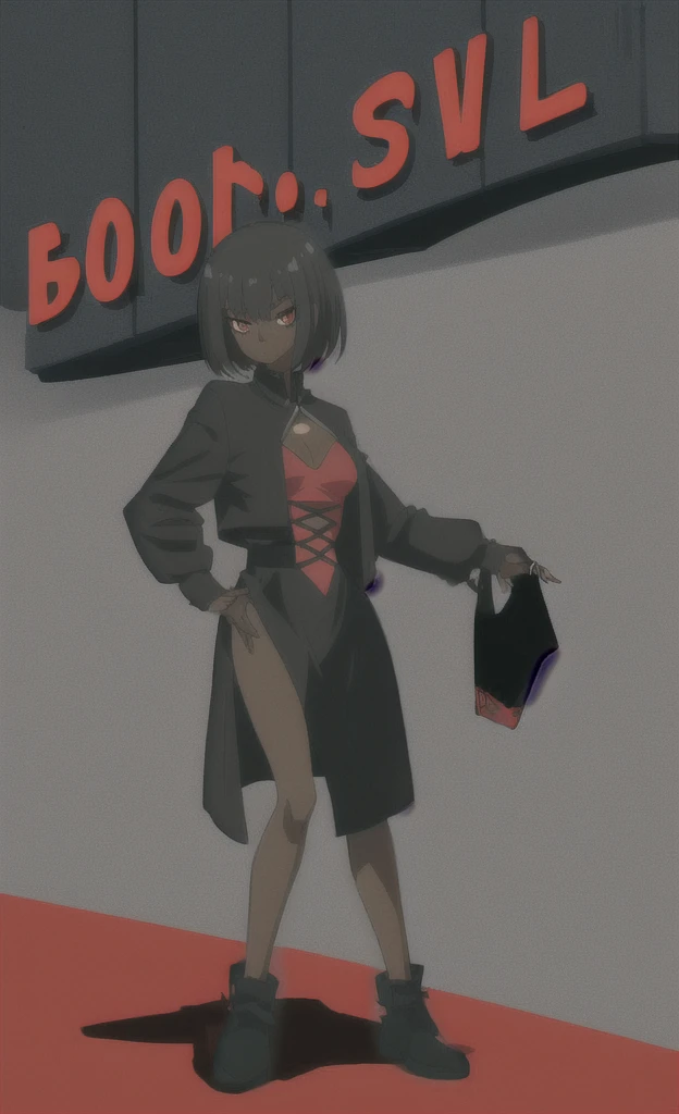 90s grown skinny evil black skinned women with short black hair wearing black and red dress full body