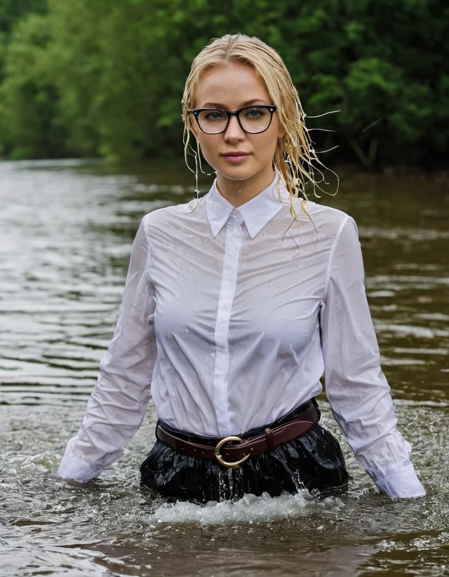 (heavy rain), (perfect photo of a beautifully soaked, gorgeous blonde lady with glasses), (wet hair:1.3), (emerging out from water:1.3), she proudly wears her (wet white shirt:1.3) buttoned to the top, with (long sleeves that extends to her wrists), as she feels the collar of her shirt, (in a river), (only head and shoulders visible on the water:1.4), partially submerged, (kinkily smirking directly at camera with an (aroused expression from being soaking wet), inviting you in), (her black trousers with a belt are visible under the water), photographed on a Fujifilm XT3, 80mm F/1.7 prime lens, cinematic film still, cinestill 500T, highly detailed, masterpiece, highest quality, intricately detailed, HDR, 16k, uhd, photorealistic