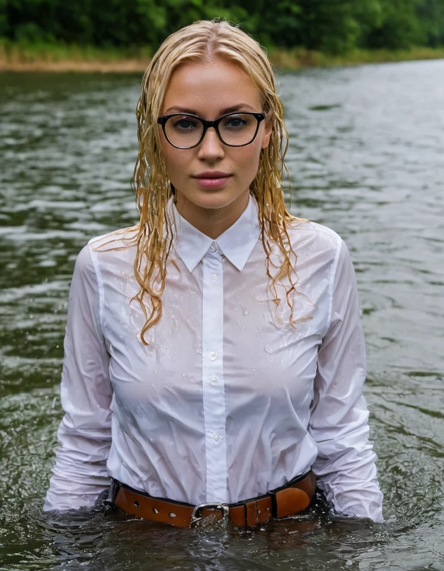(heavy rain), (perfect photo of a beautifully soaked, gorgeous blonde lady with glasses), (wet hair:1.3), (emerging out from water:1.3), she proudly wears her (wet white shirt:1.3) buttoned to the top, with (long sleeves that extends to her wrists), as she feels the collar of her shirt, (in a river), (only head and shoulders visible on the water:1.4), partially submerged, (kinkily smirking directly at camera with an (aroused expression from being soaking wet), inviting you in), (her black trousers with a belt are visible under the water), photographed on a Fujifilm XT3, 80mm F/1.7 prime lens, cinematic film still, cinestill 500T, highly detailed, masterpiece, highest quality, intricately detailed, HDR, 16k, uhd, photorealistic