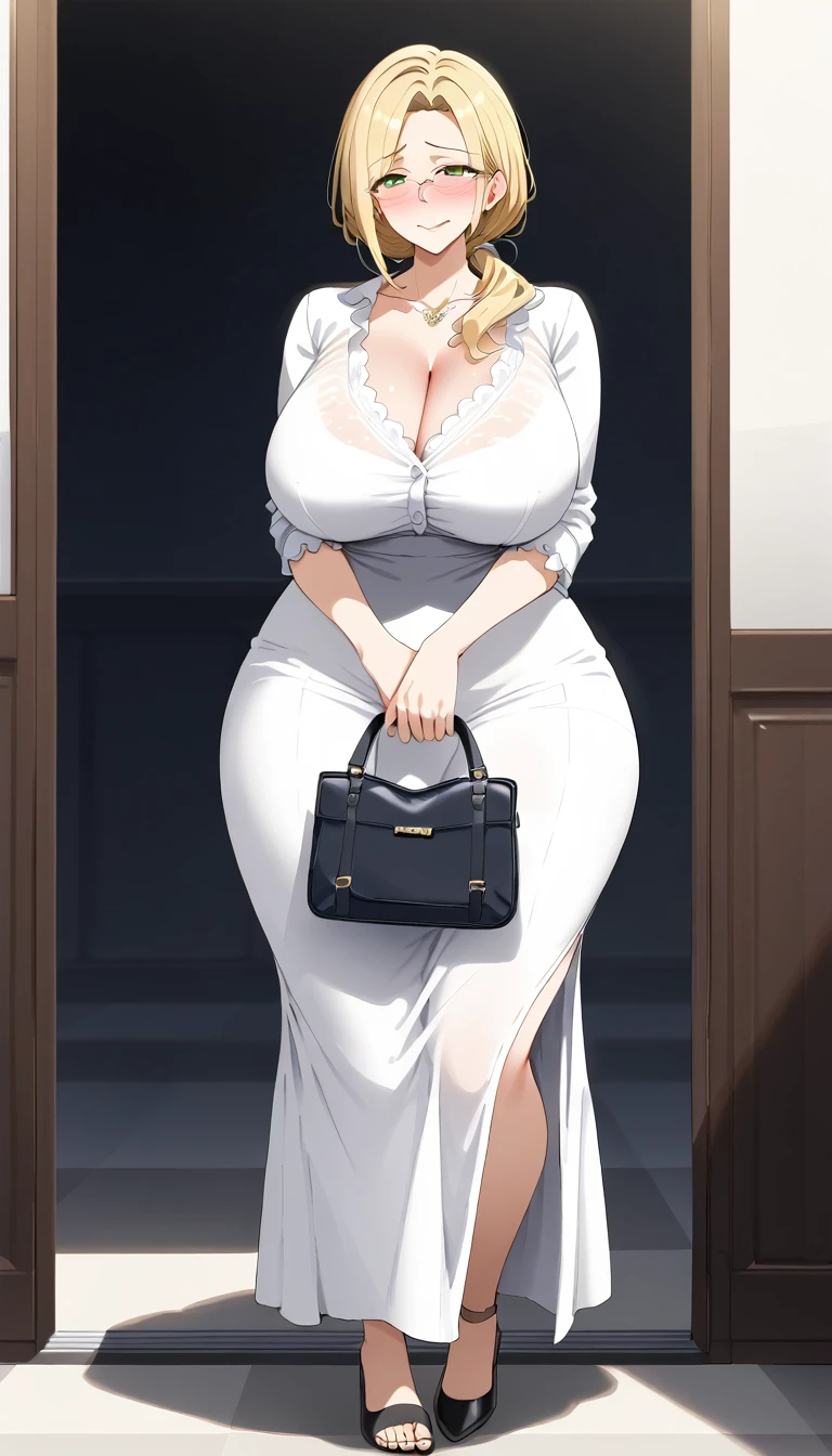 (Best quality: 1.5), (masterpiece: 1.5), (2.5D), (good definition), (detailed face), (well-drawn face), (vivid colors), (1 character), (exaggerated proportions), (hentai), (perfect anatomy), (character in the center), (absurd), (4k wallpaper), (detailed eyes), (perfect hands), (perfect fingers), (beautiful skin), (glowing skin) ), (perfect shadows), (perfect lighting), (full body), (beautiful eyes), (masterpiece), (voluptuous body), (pretty face), adult woman, seductive MILF, Mature MILF Face, mature woman, blonde hair with a low and slightly disheveled ponytail, green eyes, wears glasses, wears a knitted midi dress, embarrassed and nervous expression, carries a bag, huge breasts, huge thighs, huge butt, voluptuous body, good proportions, he inside a rhodium-plated train of many men with censored and pixelated faces