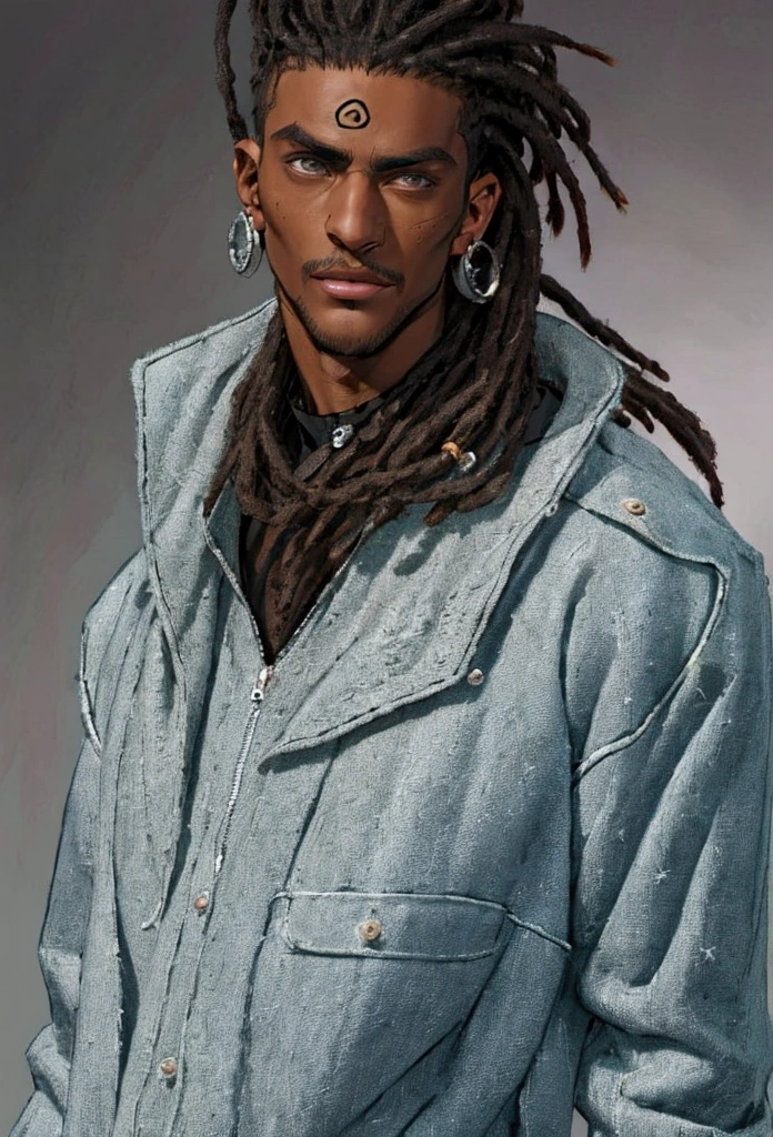 (masterpiece:1.2), (best quality), (ultra detailed), (8k, 4k, intricate),(half-body-shot:1), (highly detailed:1.2),(detailed background:1.2),((dark skin, handsome face,lips)) An man with dreadlocks wearing a dark brown sweatshirt and jeans, street clothing, casual clothing, silver earrings, black version of Shikamaru from Naruto