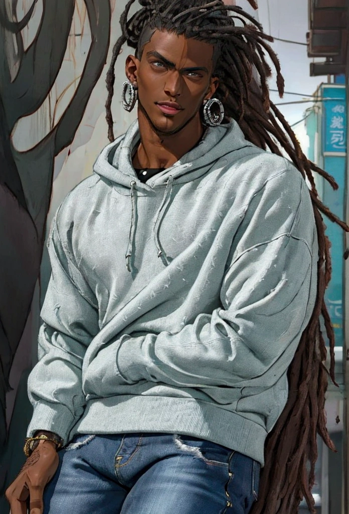 (masterpiece:1.2), (best quality), (ultra detailed), (8k, 4k, intricate),(half-body-shot:1), (highly detailed:1.2),(detailed background:1.2),((dark skin, handsome face,lips)) An man with dreadlocks wearing a dark brown sweatshirt and jeans, street clothing, casual clothing, silver earrings, black version of Shikamaru from Naruto