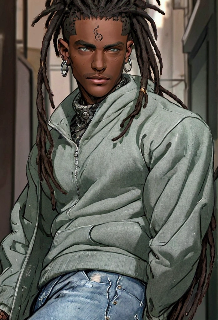 (masterpiece:1.2), (best quality), (ultra detailed), (8k, 4k, intricate),(half-body-shot:1), (highly detailed:1.2),(detailed background:1.2),((dark skin, handsome face,lips)) An man with dreadlocks wearing a dark brown sweatshirt and jeans, street clothing, casual clothing, silver earrings, black version of Shikamaru from Naruto