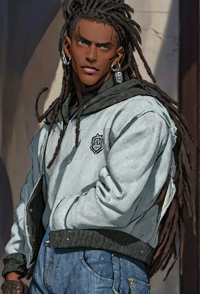 (masterpiece:1.2), (best quality), (ultra detailed), (8k, 4k, intricate),(half-body-shot:1), (highly detailed:1.2),(detailed background:1.2),((dark skin, handsome face,lips)) An man with dreadlocks wearing a dark brown sweatshirt and jeans, street clothing, casual clothing, silver earrings, black version of Shikamaru from Naruto