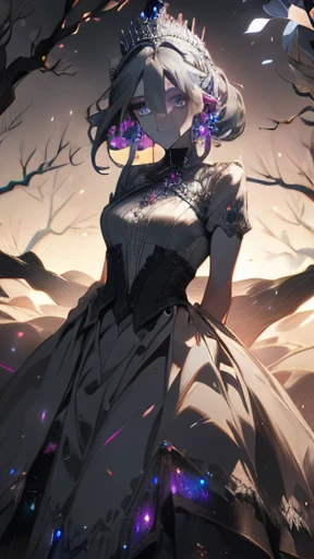 Princess is fighting, screaming, psychedelic, dark gray dress with rainbow crystals, colorful, haunting background, walking, glowing crown, dark ground, dry branches, detailed eyes