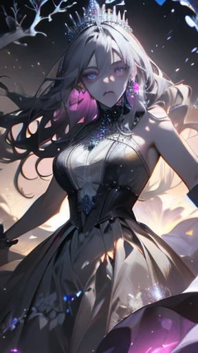 Princess is fighting, screaming, psychedelic, dark gray dress with rainbow crystals, colorful, haunting background, walking, glowing crown, dark ground, dry branches, detailed eyes