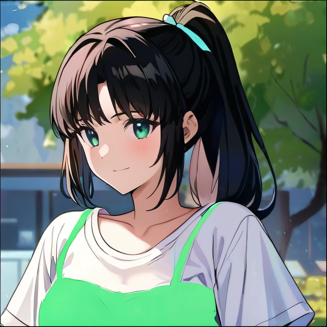 ((masterpiece)), ((Highest quality)), ((High resolution)), ((1girl)), alone, ((Cute woman)), ((A beautiful 20-year-old young woman)), ((She has a baby face and looks like a high school girl.)), (Beautifully detailed face), (ponytail), Green ribbon, ((Black Hair)), ((active character)), ((light smile))