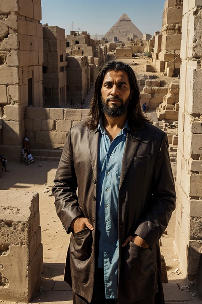 Image of the Prophet Moses standing in front of a group of people, in the middle of an Egyptian city with the pyramids in the background.
