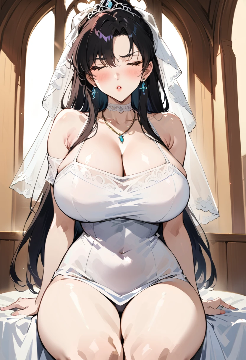 Off-the-shoulder white wedding dress, Snow White Veil, choker, silver tiara, necklace, earrings, church background, kanu unchou, anime cels style, best quality, high resolution, 1girl, (huge breasts:1.2), beautiful face, black hair, long hair, ((hair over one eye)), closed eye, puckered up lips, want to kiss，thick legs。bare legs，narrow waist