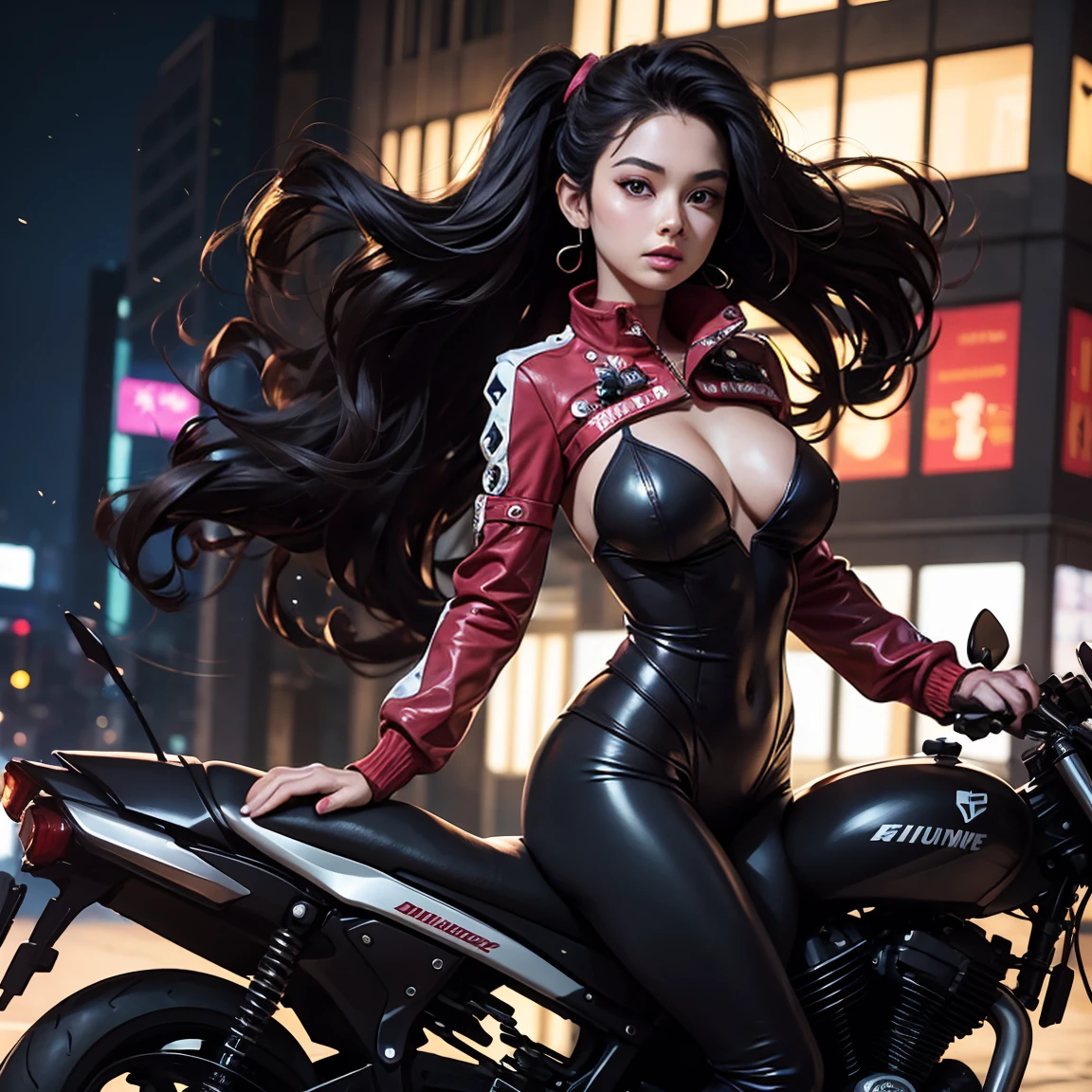 Beautiful and sexy woman in black leather full body suit, a woman riding a large motorcycle, long brown curly hair, hair blowing in the wind, red lipstick, Fujiko Mine from the anime Lupin III, Fujiko Mine, slender figure and beautiful bell-shaped breasts, high heeled black boots, Gotham City at night,