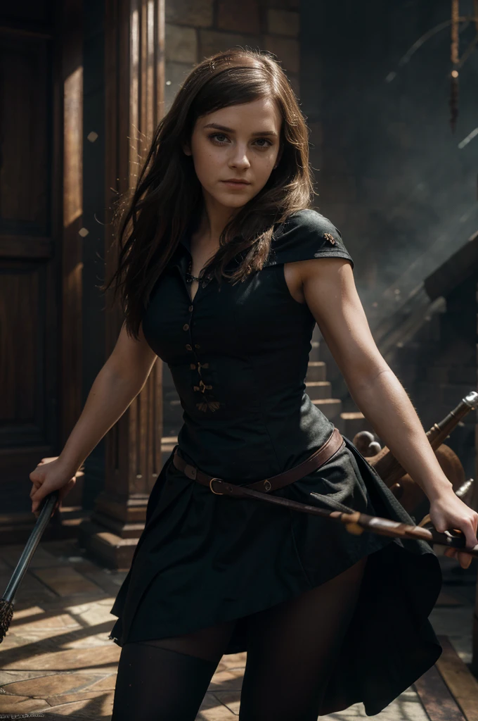 Highly detailed RAW photo of Emma Watson wearing witch dress flying on magical broom with horror background, dynamic pose, (wide hips), (detailed ), (detailed lips), (detailed eyes), (Sci-Fi setting) (detailed face), (curvy), detailed eyes, depth of field, soft lighting, masterpiece, best quality, intricate, (lens flare:0.7), (bloom:0.7), particle effects, raytracing, tone mapped, highly detailed, concept art, smooth, sharp focus, dramatic lighting, highly detailed artwork, cinematic, hyper realistic painting, trending on Artstation, 8K, incredible shadows, realistic, (highly detailed background:1.2), art by midjourney