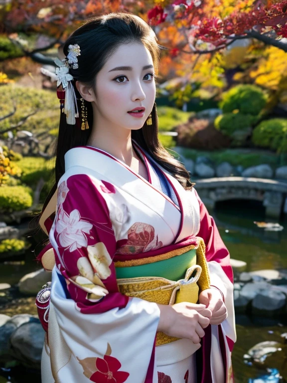 (Highest quality、 8k 、masterpiece、High resolution)、 Japanese painting、Vibrant colors、A woman wearing a kimono、Ample breasts、(Highly detailed face and eyes,Beautiful Face,Beautiful Eyes,Beautiful nose,Pretty lips)、Dynamic painting technique、Japanese garden、Autumn scenery、autumn leaves、Starry Sky、Lantern、Detailed Description、