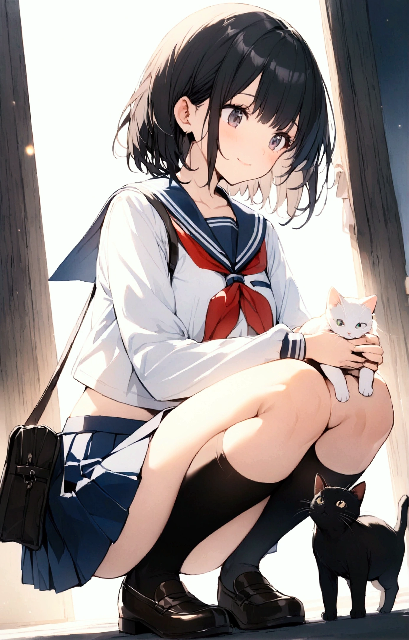 One Woman、1 kitten、garden、rain、beautiful girl、Sailor suit、A gentle smile、Looking at the kitten、Pleated skirt、Hold a school bag with both hands、Age: 18、Bob Cut Hair, Highest quality, body type、Small 、Small ass、Black Hair、Black knee-high socks、Cowboy Shot、Ultra-fine images、Squatting down to fix shoelaces、Angle from directly below、Petting a cat、pat、Pick up a kitten
