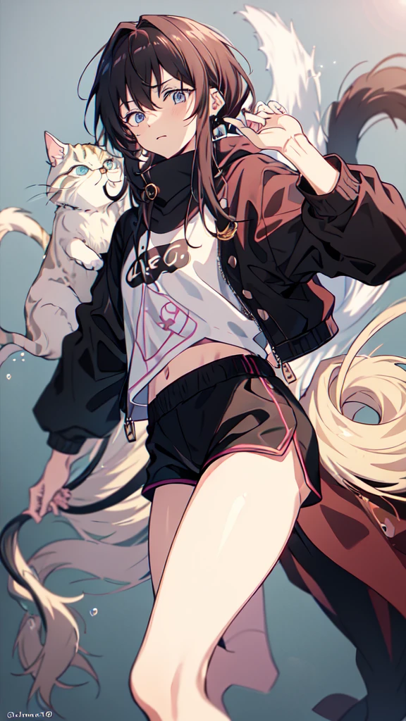 19 years old male, White Asian, Wavy chestnut black hair with subtle highlights, Oversized pink hooded jumper with cute cat graphic, Wearing black corduroy shorts, Oversized black round framed glasses, Slanted blue eyes.