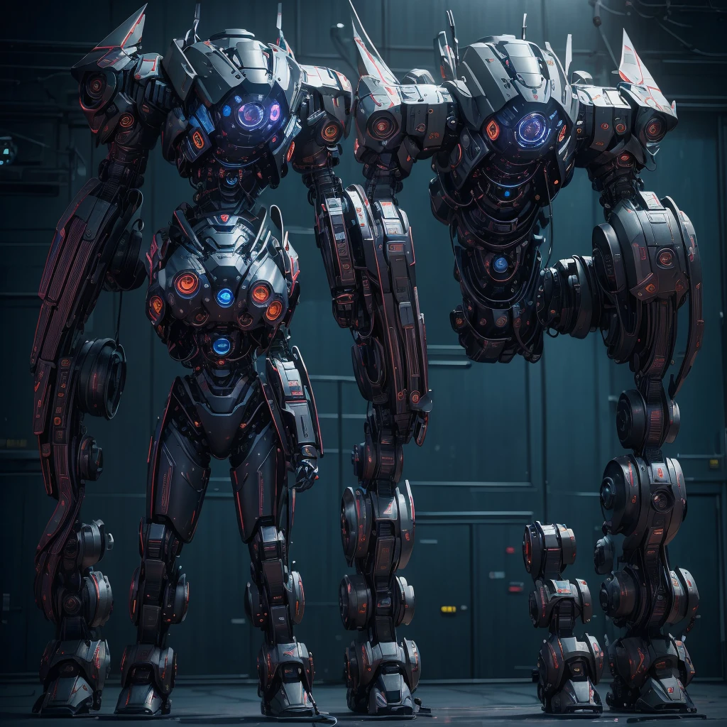 masterpiece, best quality, ultra-detailed), Liberty Guardian-X1 mecha, 9 meters tall, 28 tons, hybrid propulsion system (electric and plasma-based), high-strength titanium alloys and nanocomposite armor, break robust and imposing form, with elegant, aerodynamic curves and angular armor plating, patriotic paint job in red, white, and blue with a glossy finish and fluorescent highlights, break dual plasma cannons mounted on forearms, shoulder-mounted missile launchers with smart targeting and variable munitions, retractable energy katana integrated into the right arm, break dual compact fusion reactors powering both propulsion and weapon systems, adaptive energy shields responding to threats, advanced sensor arrays including radar, infrared, LIDAR, and EM sensors, break Liberty AI System V2.5 for tactical support and autonomous operations, ergonomic pilot seat with full-motion support and damping systems, break holographic HUDs and tactile controls, neural interfaces for direct control and feedback, multiple safety systems including emergency ejection and self-sealing armor capsule, break highly articulated joints with hydraulic reinforcement systems, multiple maneuvering thrusters for quick direction changes and high agility, high ground mobility with adaptive foot structures and retractable wheels, break imposing and powerful, futuristic military design, cinematic lighting, industrial setting, cutting-edge technology, intricate details