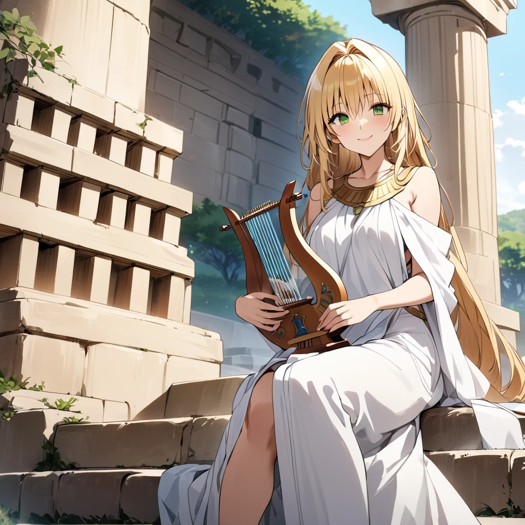 ((Highest quality)), ((masterpiece)), (detailed), (Perfect Face)、The woman is the Greek goddess Tyatia, wearing a white Doric chiton from ancient Greece, with medium blonde hair and green eyes.、A woman is shown sitting on the steps of an ancient Greek temple, playing a lyre, smiling sweetly and wearing an ancient Greek white Doric chiton