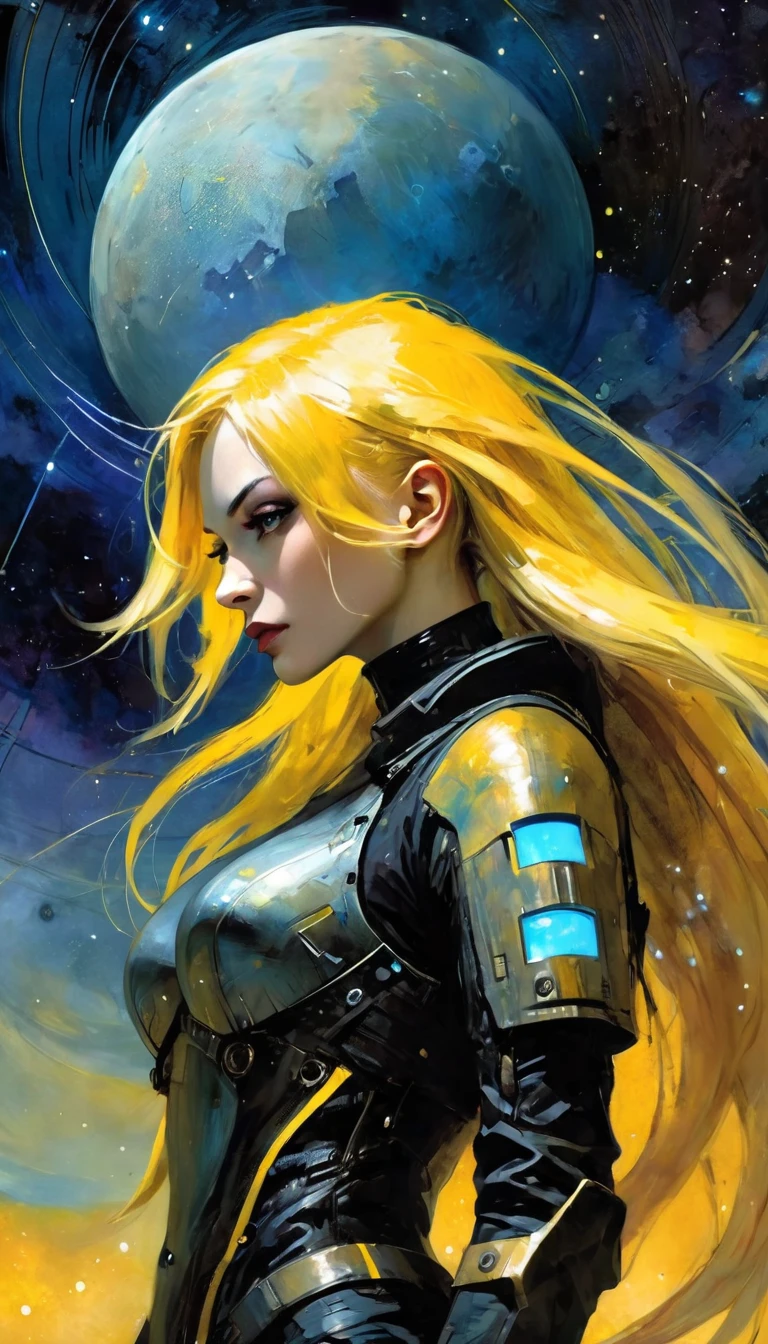 ((Best Quality, 8k, masterpiece: 1.3)), sharp focus: 1.2, portrait, A beautiful, adult cyberpunk blonde woman in cyberpunk armor: 1.2, yellow hair muy largo que vuela por la imagen ((Layered haircut, yellow hair, very long hair that waves, )), ((dark scene)), ((dim light)) celestial landscape, Stars and nebulae, bright moonlight, Exploring the Cosmos (art inspired in Bill Sienkiewicz). Oil painting) 