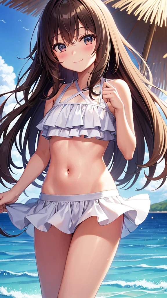 cute, anime, cute, super high quality, Very detailed, 8k, Clarity, girl, Dark brown long hair, Close your eyes and smile,Dance and jump, Summer beach , bikini , water surface, sunny,Draw detailed facial expressions, Close your eyes and smile,Light pours down,