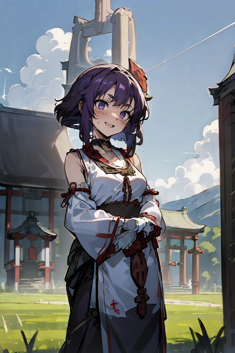 (masterpiece:1.2), (high quality:1.2), reo mikage, blue lock, girls with((1girl, solo, purple hair, (medium hair, right swept bangs, one side up:1.55), bare shoulder, blush, breasts, black sleeves, gloves, choker, cleavage, cowboy shot, collar, collarbone, rosary, rosary choker, cross, white clothes, blouse, sleeveless, neck ribbon, big ribbon, cheongsam, cinderella dress, long dress, frill pannier, leggings, boots, sandals, bare feet)), background with((architecture, blue sky, bush, castle, village, no humans, cloud, cloudy sky, day, field, garden, grass, hill, house, lamppost, landscape, mountain, mountainous horizon, nature, no humans, outdoors, scenery, shrine, sky:2.0))