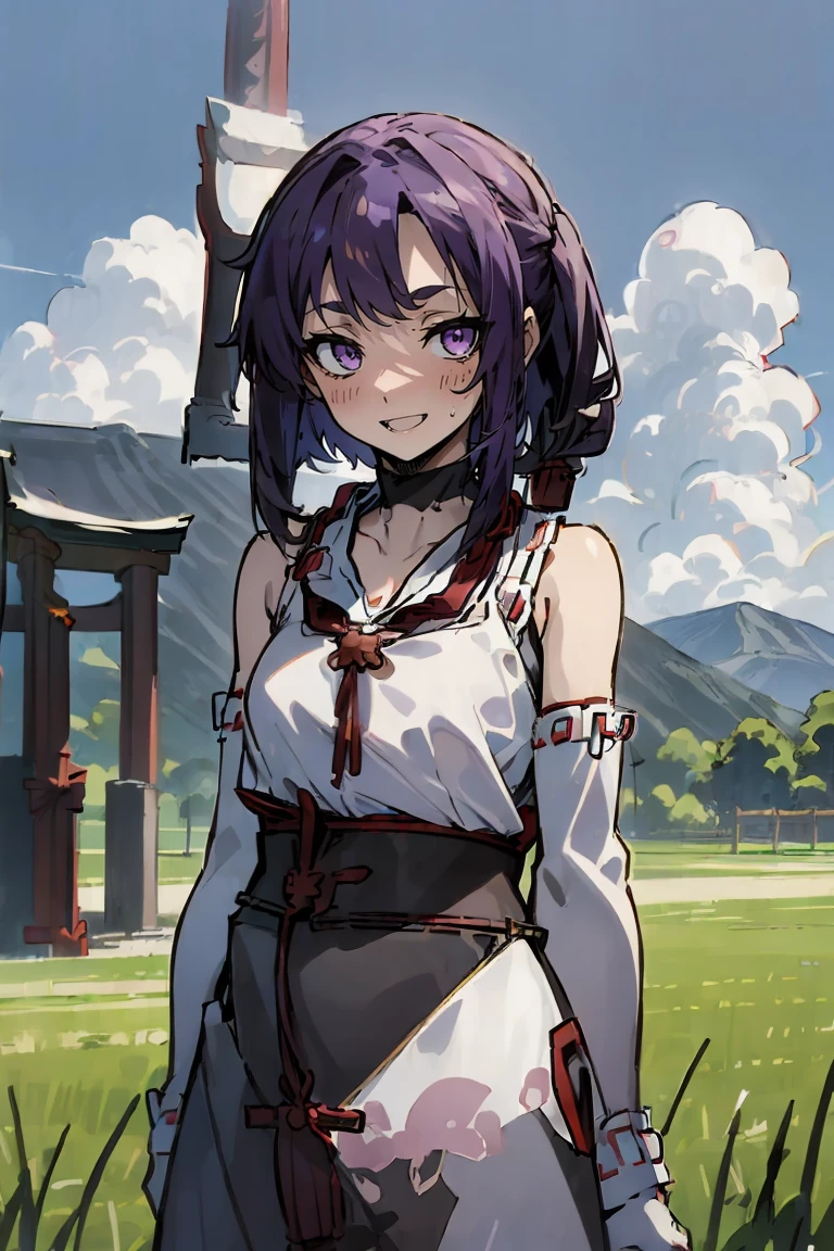 (masterpiece:1.2), (high quality:1.2), reo mikage, blue lock, girls with((1girl, solo, purple hair, (medium hair, right swept bangs, one side up:1.55), bare shoulder, blush, breasts, black sleeves, gloves, choker, cleavage, cowboy shot, collar, collarbone, rosary, rosary choker, cross, white clothes, blouse, sleeveless, neck ribbon, big ribbon, cheongsam, cinderella dress, long dress, frill pannier, leggings, boots, sandals, bare feet)), background with((architecture, blue sky, bush, castle, village, no humans, cloud, cloudy sky, day, field, garden, grass, hill, house, lamppost, landscape, mountain, mountainous horizon, nature, no humans, outdoors, scenery, shrine, sky:2.0))