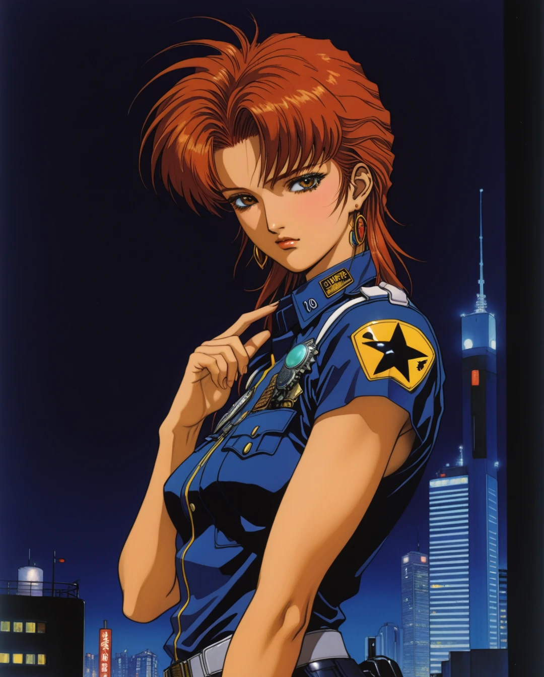 Art style by Yoshitaka Amano, Art style by Takato Yamamato, Art style by Ayami Kojima, (Masterpiece, Top Quality, Super Detail, High Resolution, Best Illustration), a cyberpunk policewoman, high quality, 1980s anime style, tanned skin, high quality, ultra intricate,