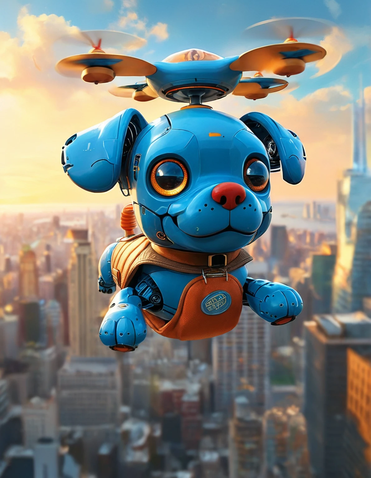 Imagine a friendly blue robot dog，Big eyes，There is a pouch on the belly。This dog has the ability to pull magical gadgets out of his pouch。It has short, stubby limbs and a small red nose.。This dog flies through the sky using a propeller that deploys from its head，As it soars over the bustling modern cityscape，It has a smile on its face，The city is full of tall skyscrapers。Clear sky，The warm sunshine bathes the city below。