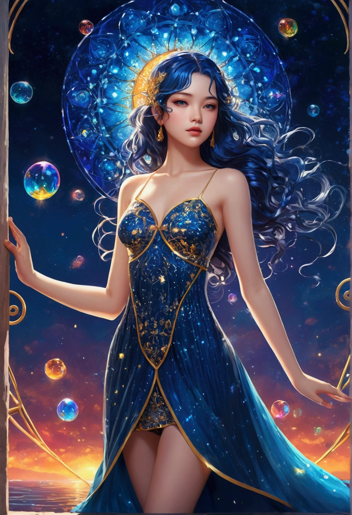 (Very detailed CG ユニティ 8k 壁紙),(masterpiece), (Highest quality), (Very detailed), (Best illustrations),(Best Shadow), Cowboy Shot, ,break, Spas swimwear, (highest quality), (Super detailed),(Messy Hair),(figure), (One boy,One girl), avatar, Macro Lens, (Fashionable clothes), Are standing,Fashion Model, View your viewers, ( interview), (Simple Background), Beautiful attention to detail, Exquisite beauty, floating, (High saturation), (Colorful splashes), Colorful Bubbles, (The Shining), Focus on the face,quality , Super detailed, Watch your hands )Zodiac sign - Goddess of Sagittarius , Similar to the goodness of Latin . Optimistic, fair, Funny and intelligent face . recklessness, Ruthless, impatient, Overconfident style . Dark blue eyes (Eye details) , Sparkling deep blue hair , Transparent dress , In the sea of shining stars , whole body , Nature of fire , God Clone(masterpiece, Highest quality, Highest quality,Official Art, beautifully、Super Gold Hairstyle、aesthetic:1.2),(One girl:1.3), One girl BREAK stained glass art, Colored Glass, Lead wire, Light transmission BREAK Vivid colors, Intricate Design, Glowing effect, Spiritual atmosphere、Background abstract korea strip dancer,vagina mouse big pussy