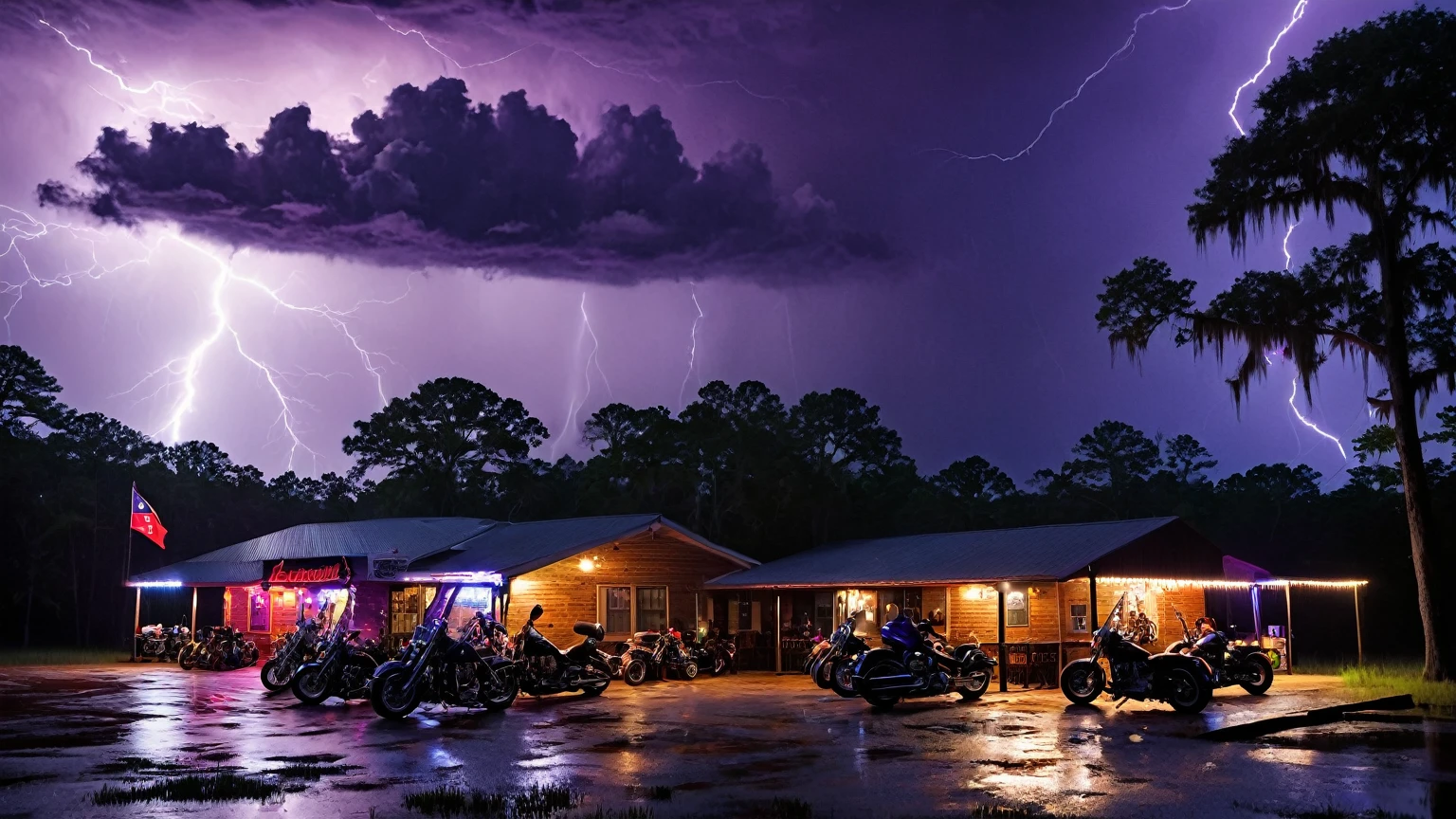 darkest atmosphere, dark purple & black storm clouds during the night, darkness, lightning, exterior façade of a biker bar with motorcycles aligned in parking lot, patio lights, confederate flag flying on flagpole, near a murky Louisiana swamp surrounded with bald cypress trees, night sky, night time, background