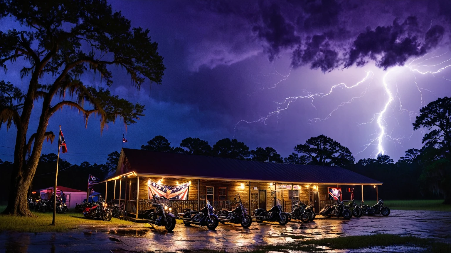 darkest atmosphere, dark purple & black storm clouds during the night, darkness, lightning, exterior façade of a biker bar with motorcycles aligned in parking lot, patio lights, confederate flag flying on flagpole, near a murky Louisiana swamp surrounded with bald cypress trees, night sky, night time, background