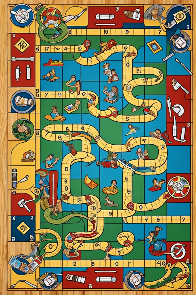 The game of snakes and ladders in a fun way with several images inside to explain the theme of the duel with 50 squares 
