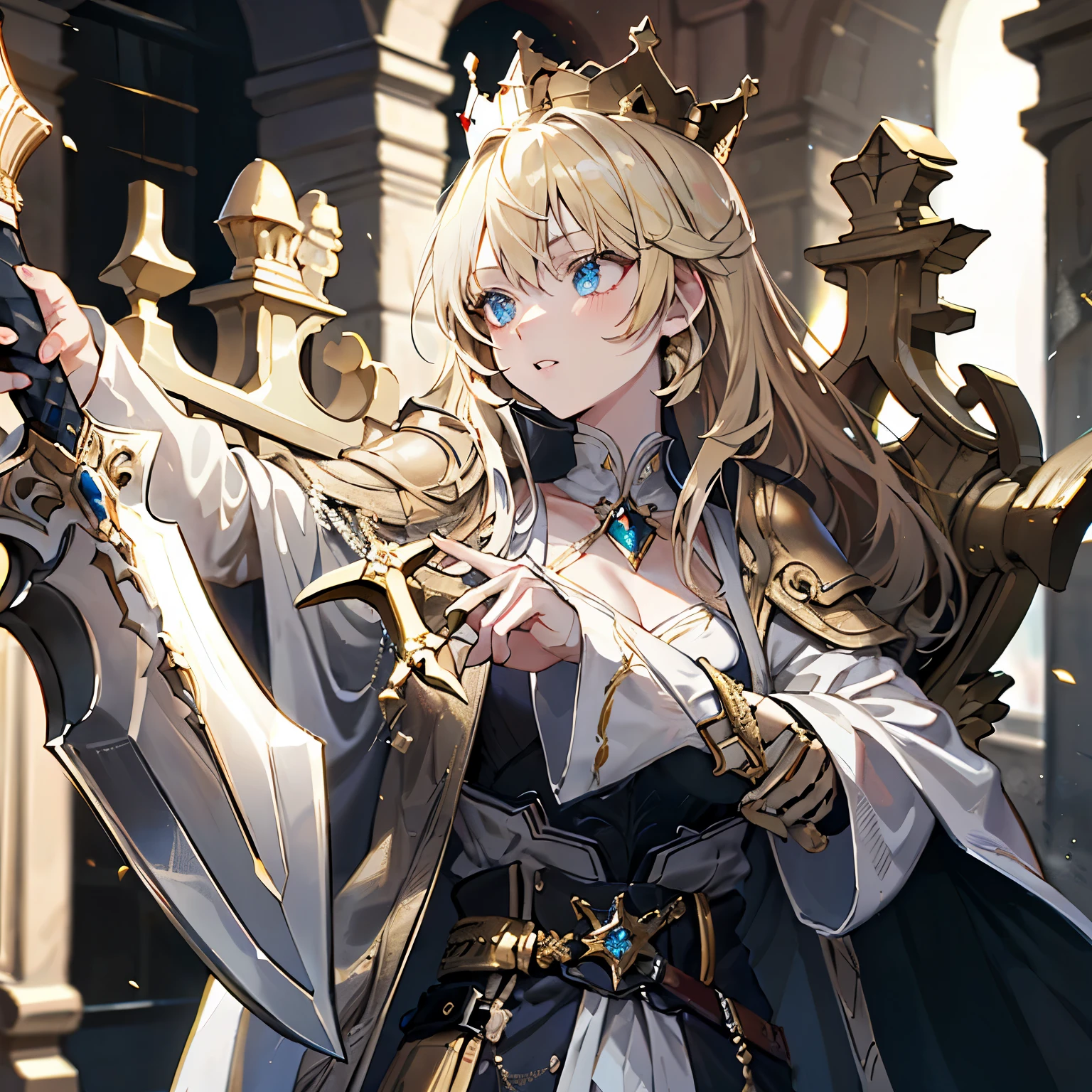 One blond woman with a White and Golden crown, wearing a White and Golden dress of armor, holding a Great sword.
