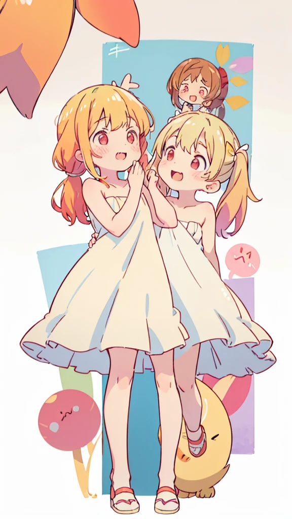 ((masterpiece))((Highest quality))girl、Laughing with your mouth open、blush、Flat Chest、Are thin、Blonde Hair、blush、Are standing、Whole body image、Eye level on face、、No background、Hair is two colors、Twin tails、Red Eyes、Two-tone red and yellow hair、Completely naked、Greeting with pussy、