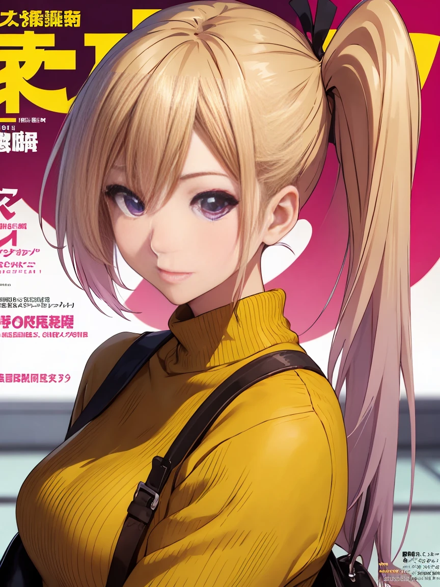 a close up of a magazine cover with a woman in a pink sweater, japanese magazine covers, magazine, cover magazine, magazine photo, sayori, cover girl, sakura kinomoto, shojo, cover shot, megumu okada, aoshima chiho, magazine cover, photo for a magazine, cover, mai yoneyama, anime magazine cover, 1girl, kawakami_mai, blonde hair, long hair, side ponytail, purple eyes, 