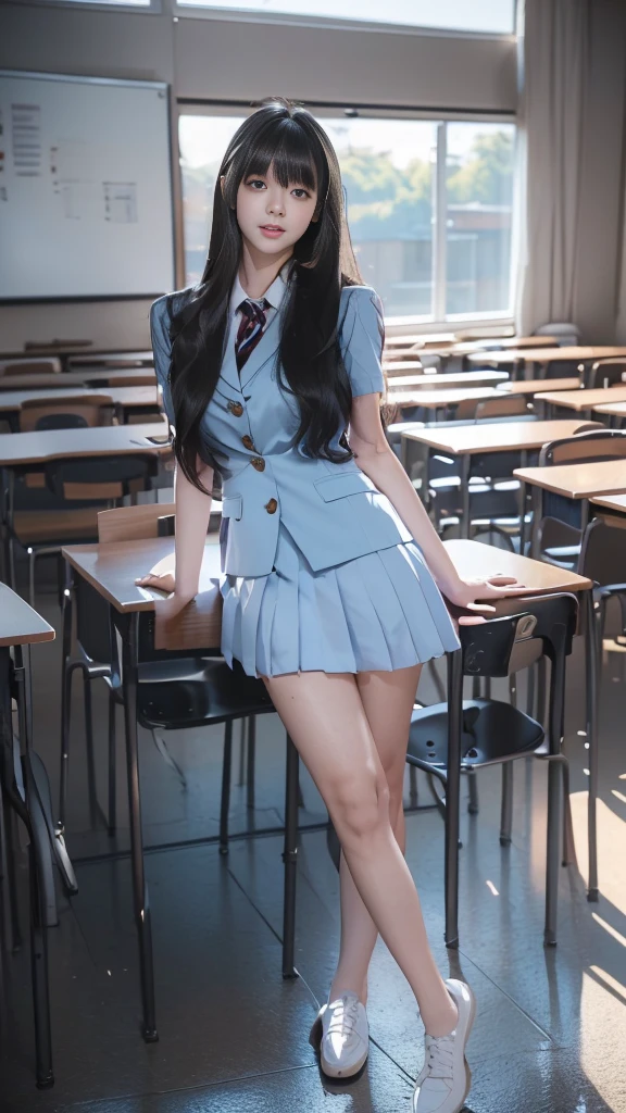 A female junior high school student in uniform posing in a classroom、Whole body、１３age、Very large breasts、Light blue blazer、Light blue skirt、(((With bangs、Super long hair girl、Whole body))), Real life anime girls, Long haired Japanese girl, Very long hair((Highest quality、Highest quality、Highest Resolution、Ultra-realistic photos、In 8K、Full Body Photo、One girl、Very cute face、Super super long hair、Hair length: about 3 meters、Straight black hair、Black hair longer than height、Black hair that has never been cut since birth、Her black hair flows down to her feet and spreads across the floor.、Thin body、、Location: Classroom、World Long Hair Contest Winner、Full body photo、Head to toe photos、Photo taken from about 4 meters away、Super Real、Stand up straight、Two hands、Two legs、Five fingers))、She has super long hair that covers her entire body.、(The longest black hair in the world、Stand in the classroom、Black hair spread out on the floor、Very delicate black hair、Shiny black hair、Silky black hair、Shiny black hair)