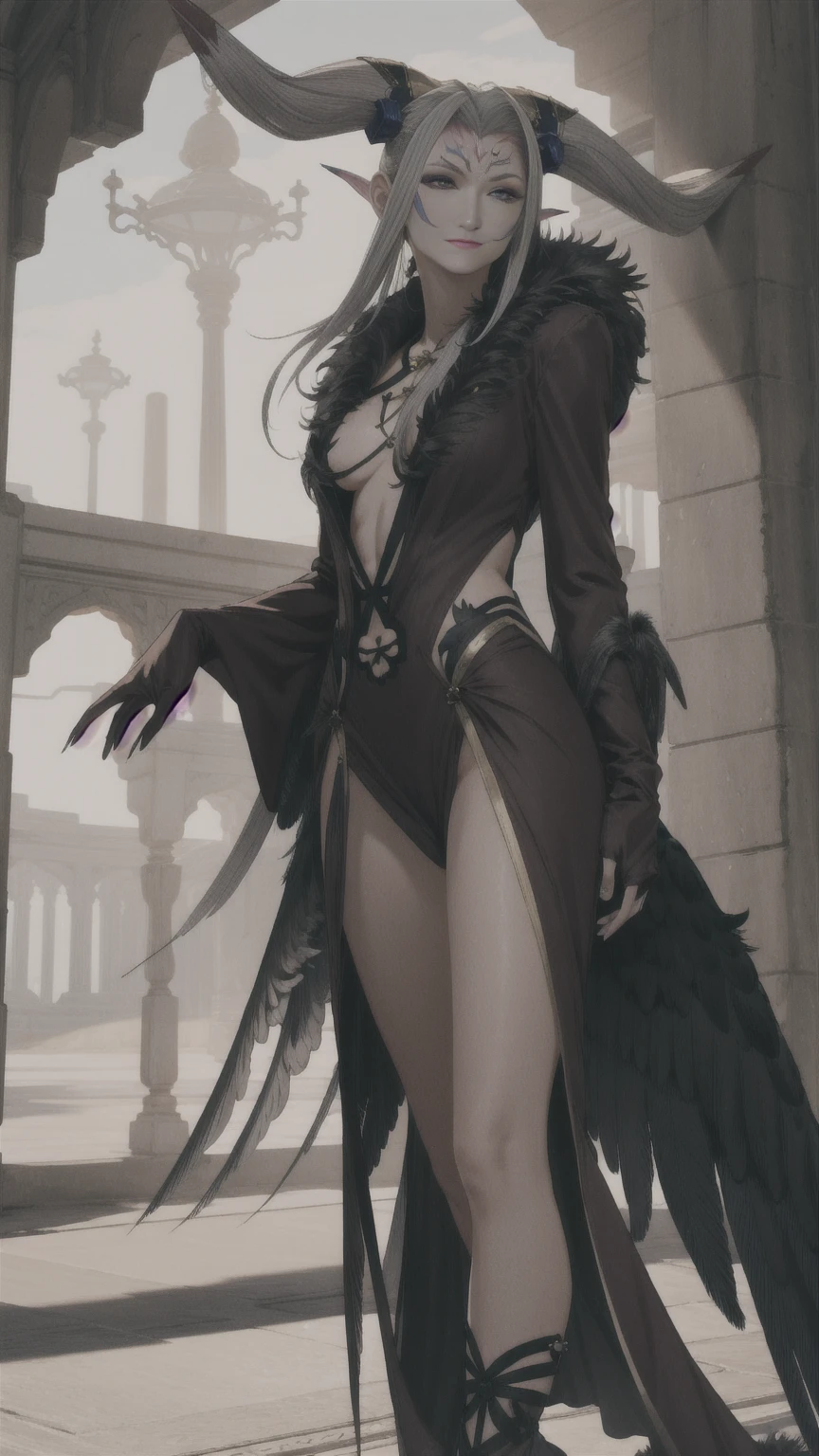 masterpiece, realistic, hyperrealistic, best quality, ultimecia, horns, red dress, plunging neckline, feather trim, black wings, facial marks, claws, full body, smirk 