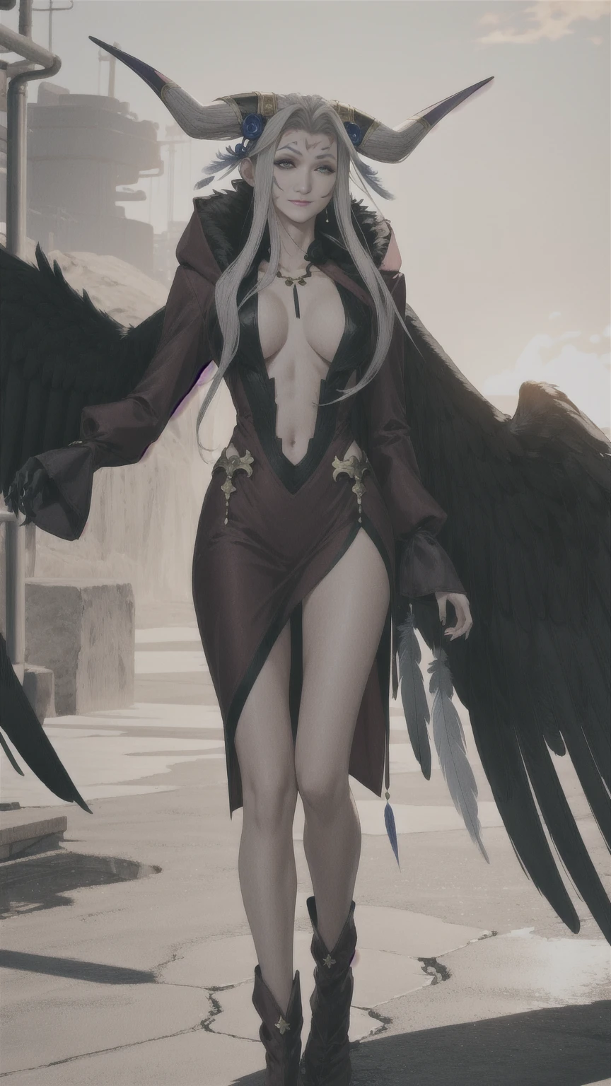 masterpiece, realistic, hyperrealistic, best quality, ultimecia, horns, red dress, plunging neckline, feather trim, black wings, facial marks, claws, full body, smirk