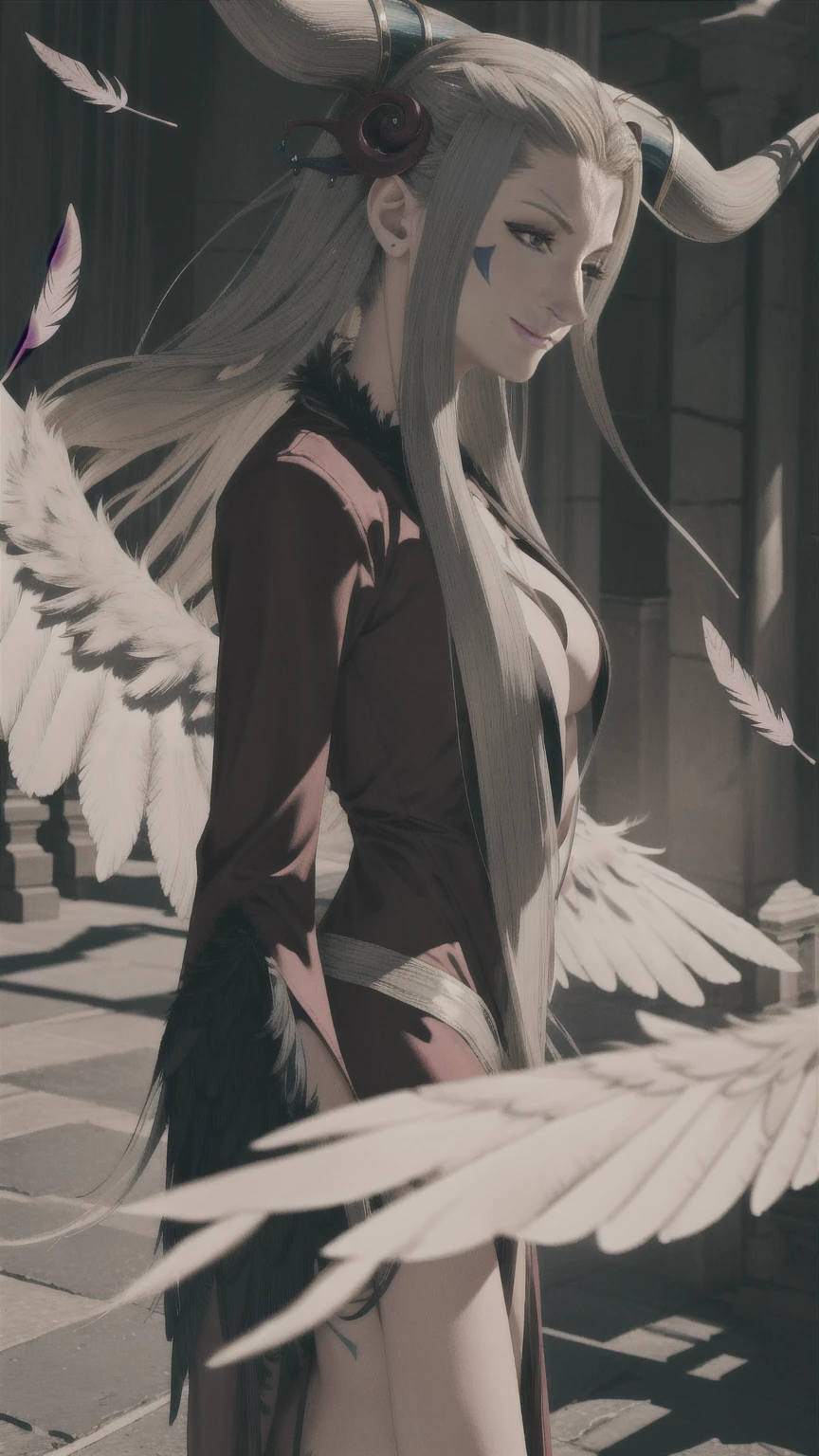 masterpiece, realistic, hyperrealistic, best quality, ultimecia, horns, red dress, plunging neckline, feather trim, black wings, facial marks, claws, full body, smirk