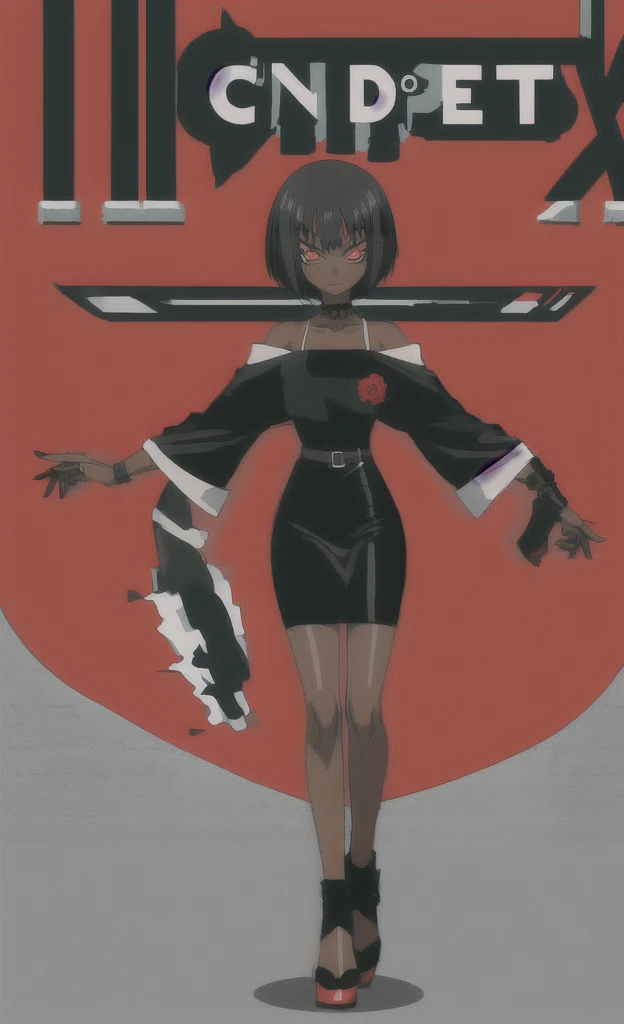 90s grown skinny evil black skinned women with short black hair wearing black and red dress full body