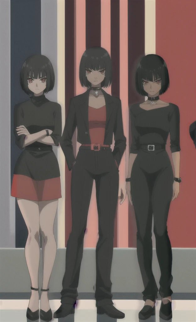 90s grown skinny evil black skinned women with short black hair wearing black and red dress full body 