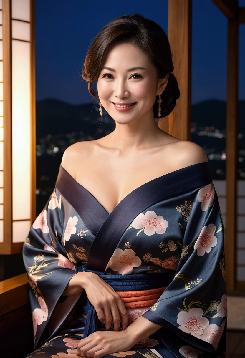 ((night, Real Light, Highest quality, 8k, masterpiece: 1.3)), 45-year-old woman, Beautiful woman, Slim figure: 1.4, (Dark brown hair), (Off the shoulder), (kimono)), ((Cleavage)), ((美しいkimono)), (night), Highly detailed face and skin texture, (Sitting), (((smile))),(((Leaning forward))