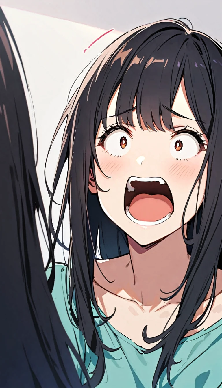 A beautiful woman, black hair, long hair, She has his mouth wide open, showing a very surprised expression.
