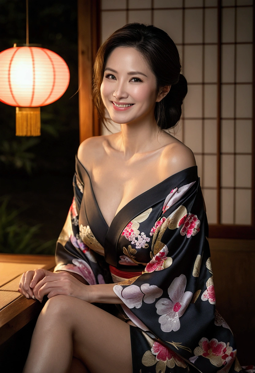 ((night, Real Light, Highest quality, 8k, masterpiece: 1.3)), 45-year-old woman, Beautiful woman, Slim figure: 1.4, (Dark brown hair), (Off the shoulder), (kimono)), ((Cleavage)), ((美しいkimono)), (night), Highly detailed face and skin texture, (Sitting),  (((smile))),(((Leaning forward))