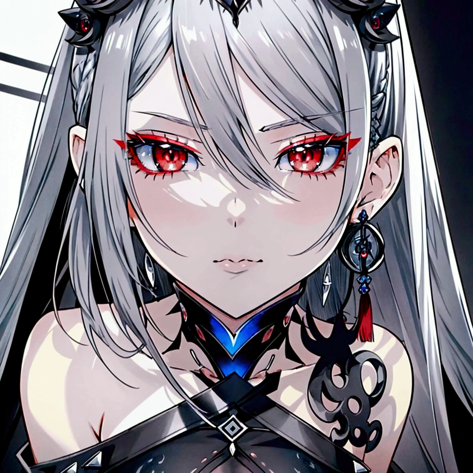 8k,High resolution RAW color art,Anime Art, (((Very detailed and cool))), Detailed skin, Blur、texture,(Exquisitely crafted, The finer details, Ultra-detailed art), (((1 girl))), Depth of written boundary, Silky Touch, Hyper Detail, (((Cool face))), eye shadow、Silver Marble Skin, Beautiful detailed red eyes, Beautiful lip detail, Very delicate face, Delicate depiction of hair and eyes, Detailed Fashion, Silver earrings,Silver Bracelet、Full body depiction, Black half top、(((Shoulder Bare)))、Black shorts、black waist cloak、black tights、 A little bit of grey hair, Straight Hair、Semi-long hair、(((Hair)))、water surface、silk clotheatte