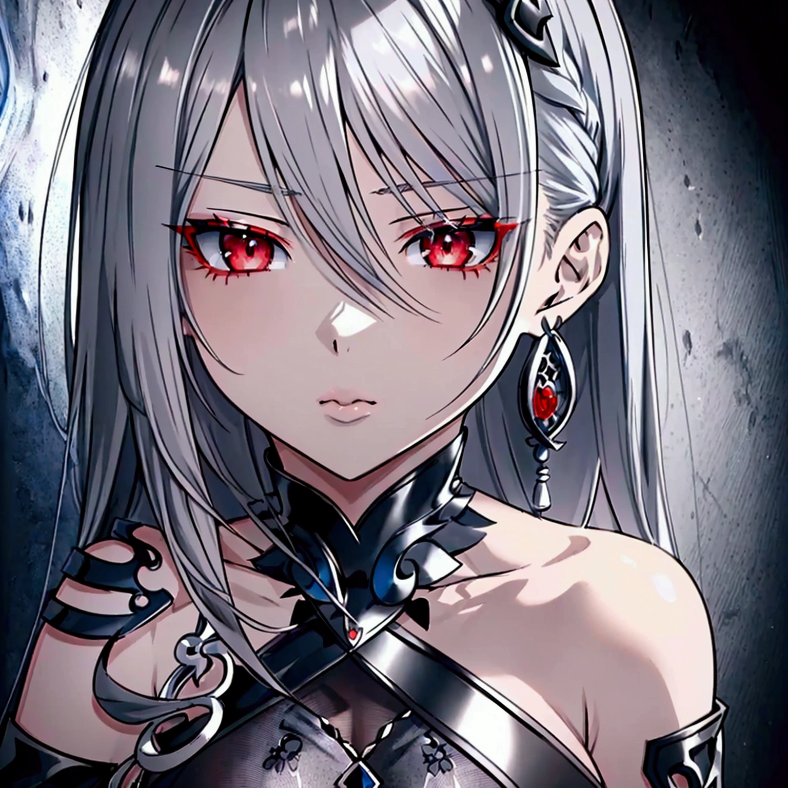 8k,High resolution RAW color art,Anime Art, (((Very detailed and cool))), Detailed skin, Blur、texture,(Exquisitely crafted, The finer details, Ultra-detailed art), (((1 girl))), Depth of written boundary, Silky Touch, Hyper Detail, (((Cool face))), eye shadow、Silver Marble Skin, Beautiful detailed red eyes, Beautiful lip detail, Very delicate face, Delicate depiction of hair and eyes, Delicate fashion, Silver earrings,Silver Bracelet、Full body depiction, Black half top、(((Shoulder Bare)))、Black shorts、black waist cloak、black tights、 A little bit of grey hair, Straight Hair、Semi-long hair、(((Hair)))、water surface、silk clotheatte、Tree Eyes、Snowstorm